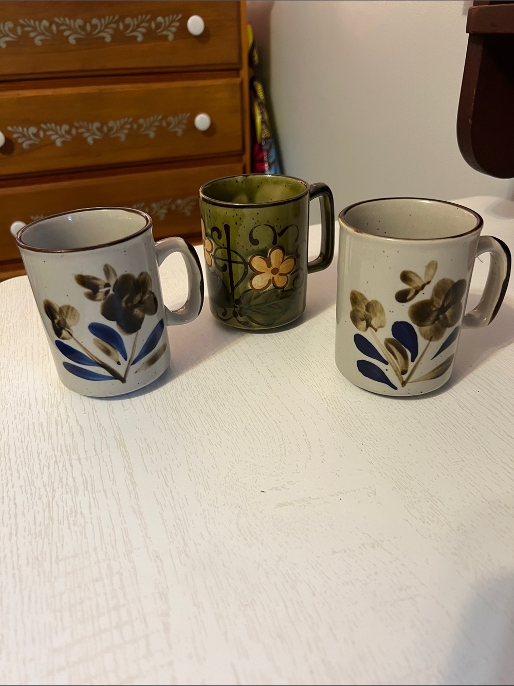 1970s Japanese Ceramic Hand Painted Floral Mugs - Set of 3 (Blue & Green)